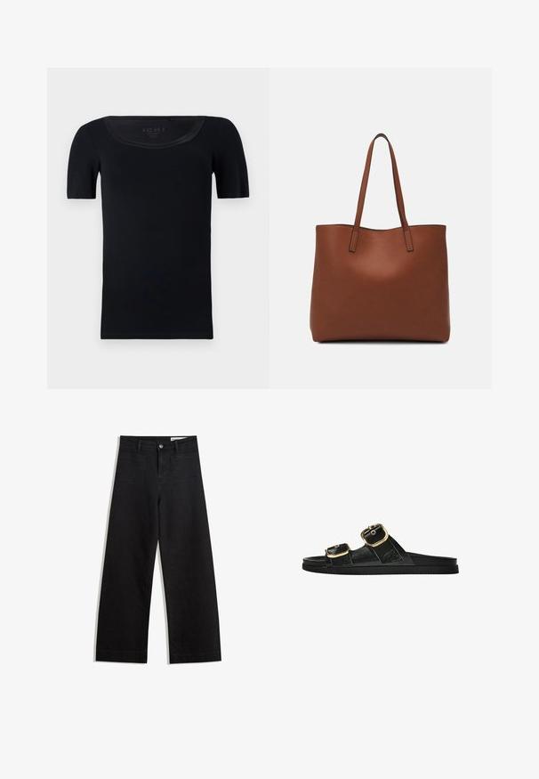 Čierne tričko s krátkym rukávom vyrobené z jemnej bavlny. Má široký výstrih a priliehavý strih s hladkou textúrou a bez viditeľných vzorov.; Čierne denimové nohavice s širokými nohavicami a vysokým pásom, so prednými a zadnými vreckami, šitými švami a zapínaním na gombík. Hladká textúra.; Čierne šľapky s dvoma zlatými prackami, hladký textúrovaný materiál, plochá podrážka a minimalistický dizajn.; Hnedá kožená taška na rameno s hladkou textúrou, otvoreným vrchom a dvoma ramenými popruhmi. Má minimálne šitia a žiadne viditeľné kovania.