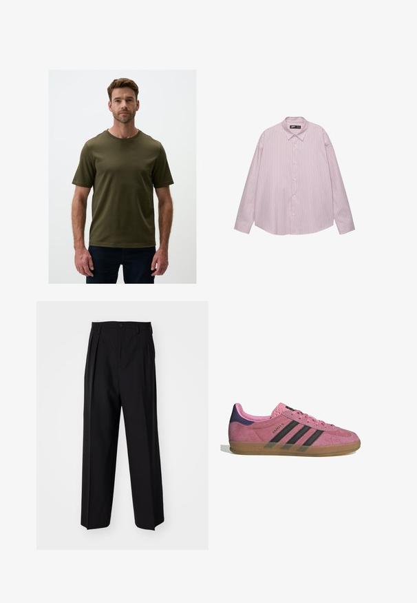 Donkergroen t-shirt met korte mouwen en een ronde hals, gemaakt van een gladde stof; beschikt over minimale naden en een relaxte fit.; Lichtroze button-up overhemd met verticale blauwe strepen, kraag, lange mouwen en een losse pasvorm. Gemaakt van een soepele stof met een lichte glans.; Zwarte geplooide broeken met een rechte, brede pijpontwerp. Gemaakt van soepele stof, met een knoopsluiting en riemlussen.; Roze suède sneaker met zwarte strepen, rubberen zool en textuur op de paarse hak. Voorzien van een vetersluiting en opgedrukte merknaam aan de zijkant.