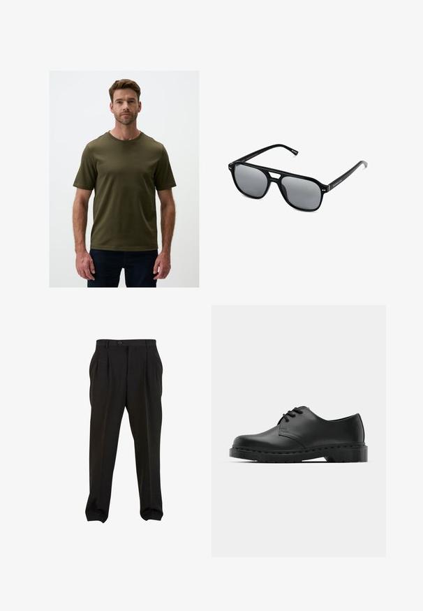 Dunkelolivgrünes T-Shirt mit kurzen Ärmeln und rundem Halsausschnitt, aus glattem Stoff gefertigt; besitzt minimale Nähte und einen lässigen Schnitt.; Schwarze Hose aus glattem Stoff mit Frontfalten, einem Knopfbund und schmal zulaufenden Knöchelbündchen. Klassische, taillierte Silhouette.; Schwarze Leder-Oxford-Schuhe mit Schnürdesign, runder Zehenform, flacher Gummisohle und subtilen Nähten entlang des oberen Teils.; Schwarze Sonnenbrille mit rechteckigen Rahmen, grauen getönten Gläsern und einer Aussparung im Nasensteg. Schlanker, glänzender Kunststoff, mit schmalen Bügeln.