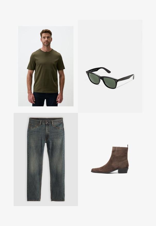 Donkergroen t-shirt met korte mouwen en een ronde hals, gemaakt van een gladde stof; beschikt over minimale naden en een relaxte fit.; Blauwe denim jeans met een rechte pijpontwerp, voorzien van een klassieke vijf-pocket stijl, stikselaccenten en een licht vervaagde afwerking.; Bruine suède enkelboot met een spitse neus, een lage blokhak en een lus aan de achterkant voor gemakkelijk aan- en uittrekken. Gladde textuur en eenvoudig ontwerp.; Zwarte plastic zonnebril met groene lenzen, vierkante montuur, zilveren accent op de wenkbrauw en een gestructureerde tempel. Merken vermeld op de binnenkant van de arm.