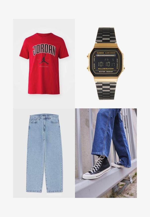Raudona medvilninė marškinė su juodu "JORDAN" tekstu ir šuoliuojančio figūros, laikant krepšinio kamuolį, siluetu. Trumpomis rankovėmis, apvali kaklo iškirpė.; Šviesiai mėlyni džinsai su tiesiomis kojomis, turintys vidutinio aukščio juosmenį, penkias kišenes ir mygtuko bei užtrauktuko uždarymą.; Juodi aukšti sportiniai bateliai su baltu padu ir raišteliais, derinami su laisvai krentančiais mėlynais džinsais, atremti į pilką turėklą.; Skaitmeninis riešo laikrodis su auksinės spalvos stačiakampiu korpusu, juodu LCD ekranu ir juodu metaliniu dirželiu. Savybės: žadintuvas ir atsparumas vandeniui.