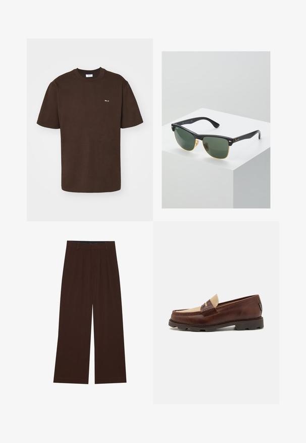 NN.07 ADAM EMB - Camiseta básica - brown; Pantalones de pierna ancha marrones con pliegues. Hechos de una tela suave, con una cintura entallada y bolsillos laterales. Dobladillo recto en la parte inferior.; Mocasines de cuero marrón con un acento de lienzo topo, detalle de costura y una suela de goma texturizada diseñada para comodidad y durabilidad.; Gafas de sol Ray-Ban con lentes verdes, montura de plástico negro y acentos dorados en los bordes. Forma cuadrada con acabado mate.