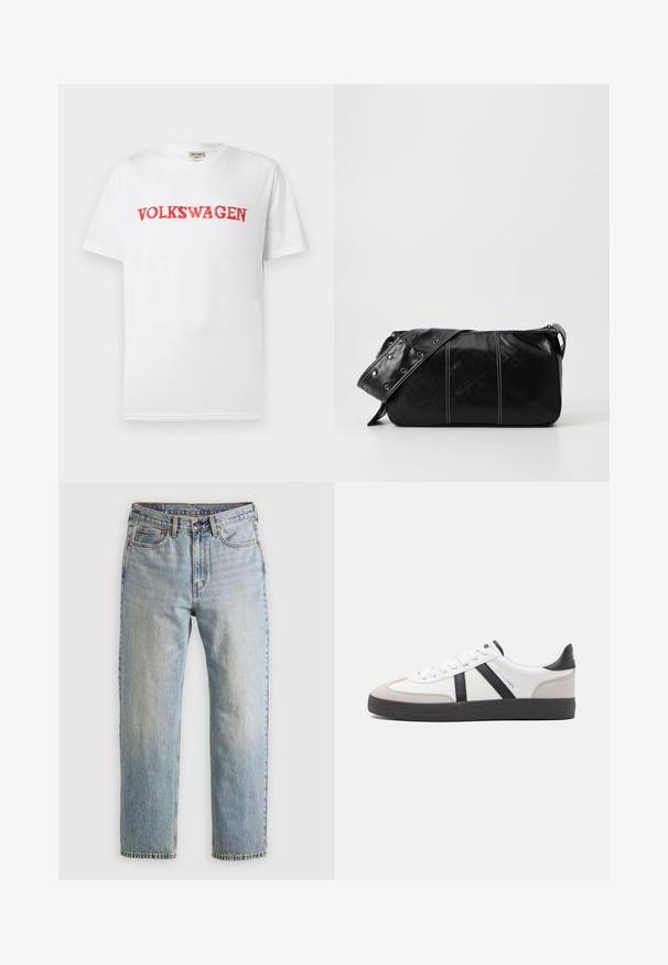 Vit t-shirt med kort ärm som har en röd "VOLKSWAGEN" logotyp i ett fet, något slitet teckensnitt över bröstet. Tillverkad av bomull.; Ljusblå denimjeans med hög midja, framknäppning, dragkedja och femficksdesign, placerade platt på en neutral bakgrund.; Vit sneaker med svarta och grå accenter, med en strukturerad grå tådel, svart gummisul, och platta vita skosnören. Ren design, minimalistisk stil.; Svart läder axelväska med dragkedjestängning, som har en texturerad yta, vit sömnad och ett bälte med silveröglor.