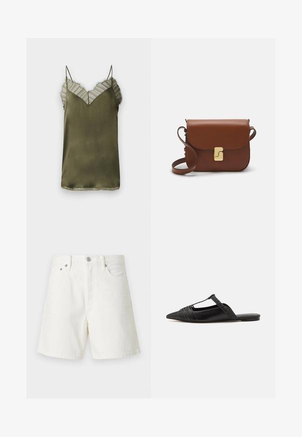 Alyvuogių žalios satino marškiniai su V formos iškirpte, viršuje su permatomu dryžuotu uždangalu ir subtiliais nutrintais kraštais aplink iškirptę.; Balti džinsai šortai su tiesiu kirpimu, penkių kišenių dizainu, priekiniu mygtukų užsegimu, sidabro spalvos detalėmis ir siuvinėtais akcentais.; Juodos odinės slingback bateliai su smailiu pirštu, turintys audinį akcentą ir raukšlėtą viršutinį dizainą. Lygus padas su minimaliais aksesuarais.; Ruda odinė rankinė su uždaromu dangteliu, aukso spalvos detalėmis, petneša ir lygiu paviršiumi. Kompaktiška stačiakampio formos.