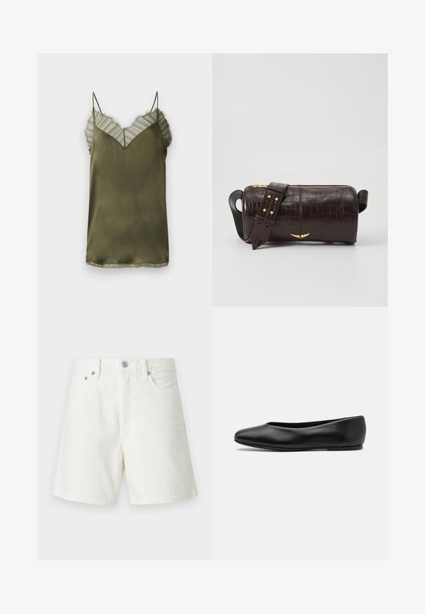Svetle olivově zelená saténová tílko s výstřihem do V, které má na vrchní části průhlednou pruhovanou vrstvu a jemně třepené okraje kolem výstřihu.; Bílé denimové kraťasy se rovný střihem, pětivreckovým designem, zapínáním na tlačítko vpředu, stříbrnými kovovými detaily a prošitím.; Paul Smith TOPANGA - Klasické baleríny - black; Hnědá kabelka z krokodýlí kůže s embosováním, cylindrického tvaru, se zlacenými kovovými prvky a odnímatelným popruhem se hroty.