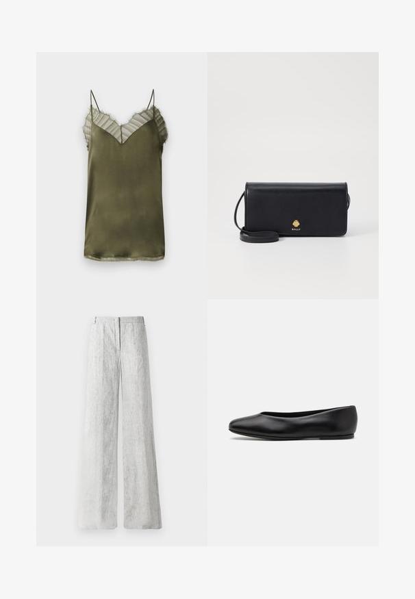 Camisola in satin verde oliva con scollatura a V, dotata di un sovrapposto trasparente a righe nella parte superiore e delicati bordi sfrangiati lungo il collo.; Pantaloni grigi chiari a gamba larga realizzati in un tessuto testurizzato con sottili righe verticali. Presentano una chiusura con zip frontale e passanti per la cintura.; Paul Smith TOPANGA - Ballerine - black; Portafoglio in pelle nera con una forma rettangolare slim, caratterizzato da un logo dorato. Include una tracolla staccabile per una maggiore comodità nel trasporto.