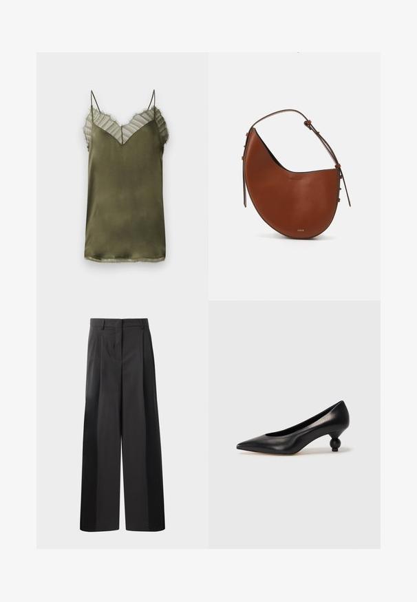 Alyvuogių žalios satino marškiniai su V formos iškirpte, viršuje su permatomu dryžuotu uždangalu ir subtiliais nutrintais kraštais aplink iškirptę.; Juodos plačios kelnės su aukštu liemeniu, su priekinėmis raukšlėmis, glotnia tekstūra ir pritaikytu apdailos stiliumi. Sukurtos laisvam sėdėjimui.; Juoda odinė aukštakulnė bateliai su smailiu pirštu ir apvaliu, iškiliu kulnu. Lygus paviršius su elegantišku, minimalistiniu dizainu.; Ruda odinės peties rankinės mėnulio formos, plona ruda diržo juosta ir subtilūs auksiniai akcentai. Ypatybė - lygi tekstūra ir minimalus siuvimas.