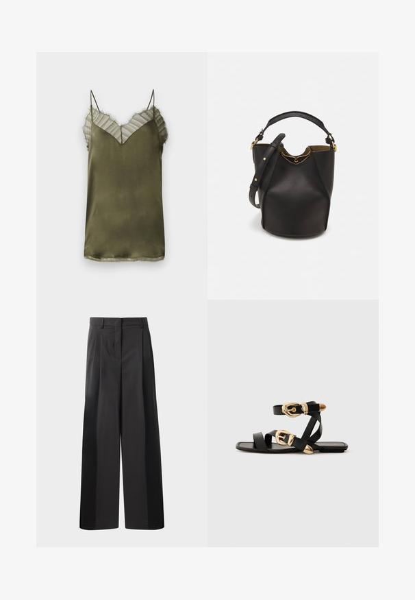 Olive roheline satiinist kampsun V-kaelusega, millel on ülemisel osal läbipaistev triibuline kiht ja õrnad frantsiiritud servad kaeluses.; Mustad laiad püksid kõrge vöökohaga, millel on ees voldid, sile tekstuur ja õmmeldud viimistlus. Kujundatud lõdva istuvuse saavutamiseks.; Mustad nahast sandaalid kuldsete pandlitega, millel on mitmed rihmad ja lame talladisain avatud varba jaoks.; Mustast nahkämbriga kott tekstuurses viimistluses, kuldsete metalldetailide aktsentidega ja avatud ülaosaga. Omab lühikest käepidet ja reguleeritavat õlavarre rihma.