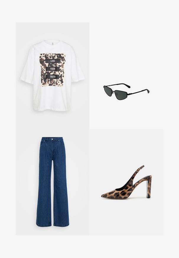 Hvid oversized T-shirt med korte ærmer, prydet med et brunt og sort abstrakt mønster samt teksten "LEV DIN SANDHED" i fede sorte bogstaver.; Bredbenede blå denimjeans med høj talje, frontknap og lynlås lukning, samt for- og baglommer på en ensfarvet baggrund.; Sandalet med leopardprint, spids tå og gennemsigtig blokhæl. Lavet af blankt materiale med en glat overflade.; Sorte metal solbriller med vinklede rammer og mørke linser. Har tynde, lige stænger og næsepuder for en sikker pasform.; Sølv hoop ørestik med en poleret overflade, prydet med små guld accenter og en rund form, båret på øreflippen.
