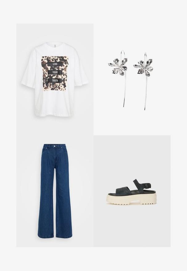 T-shirt oversized branca com mangas curtas, apresentando um padrão abstrato marrom e preto e o texto "VIVE A TUA VERDADE" em blocos pretos em negrito.; Jeans de ganga azuis de perna larga com uma cintura alta, fecho frontal por botão e zip e bolsos dianteiros e traseiros sobre um fundo plain.; Sandálias de plataforma em camurça preta com uma sola branca e grossa, tiras frontais largas e fivela ajustável no tornozelo. Sola texturizada para melhor aderência.; Brincos em forma de flor prateados com um acabamento texturizado, apresentando ganchos longos e detalhes semelhantes a pétalas para um design intrincado.