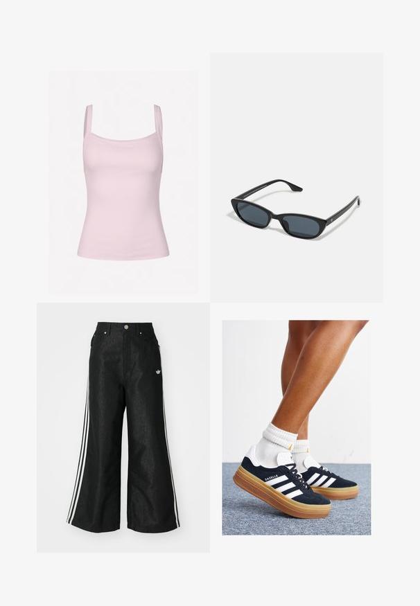 Top de tirantes finos de color rosa claro con textura acanalada, que presenta un diseño ajustado y suave, ideal para combinar o para uso casual.; Pantalones de denim anchos y negros con tres franjas blancas en cada lado y un pequeño logo blanco. Cuenta con bolsillos frontales y un cierre de botón.; Zapatillas deportivas de gamuza negra con rayas y detalles blancos, puntera redondeada, suela de goma color caramelo, combinadas con calcetines blancos acanalados a la altura del tobillo.; Gafas de sol de ojo de gato negras con lentes oscuros, montura de plástico, patillas delgadas y una marca sutil en el interior del brazo. Textura de acabado mate.; Bolso de mano de cuero negro con dos asas cortas, herrajes plateados, detalles en blanco y un logotipo blanco. Presenta una superficie texturada y un diseño compacto.