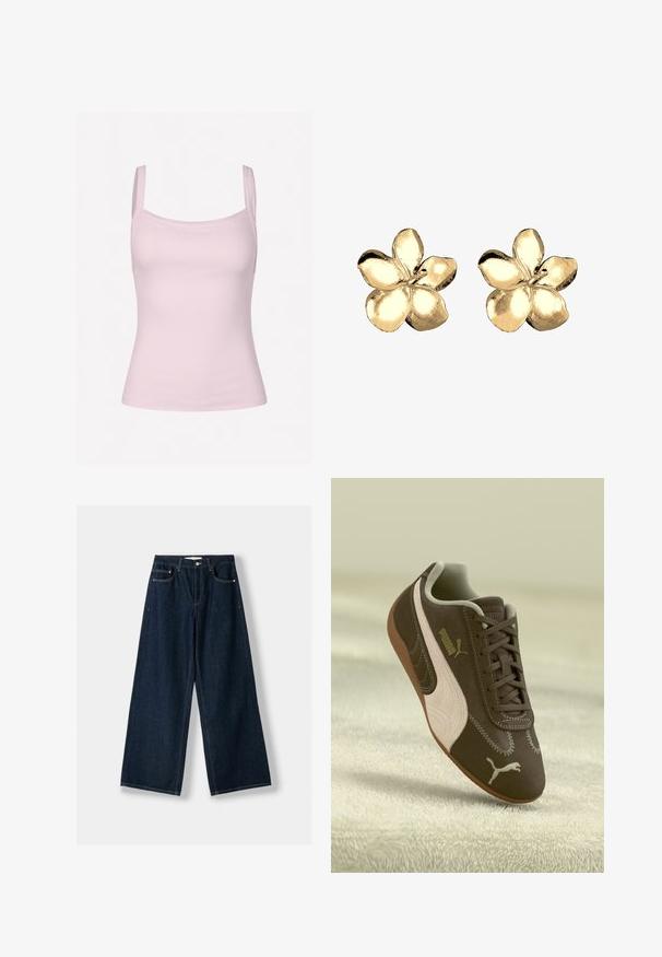 Helles rosa, geripptes Tanktop mit dünnen Trägern, das ein tailliertes Design und eine glatte Textur aufweist, geeignet zum Layering oder für die Freizeit.; Dunkelblaue, weit geschnittene Jeans aus Denim. Verfügt über fünf Taschen, einen Knopf- und Reißverschluss sowie Kontrastnähte.; Braune Puma-Sneaker mit beiger Streifen und Logo, geschnürt, auf einer strukturierten beigen Oberfläche ruhend.; Goldene blumenförmige Ohrringe mit fünf Blütenblättern. Glatte, polierte Oberfläche mit reflektierendem Finish, geeignet für verschiedene Anlässe.