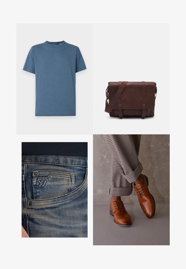 Niebieska koszulka z krótkim rękawem wykonana z lekkiego materiału, z okrągłym dekoltem i subtelnym logo na piersi. Gładka faktura.; Niebieskie dżinsy z denimu o wyblakłej fakturze, z kieszonką na monety i czarnym logo na przodzie. Pas wykonany z ciemnogranatowej dzianiny prążkowanej.; Brązowe skórzane buty mają okrągły czubek, pięć oczek do sznurowania i kontrastujące ciemne sznurówki. Spodnie są w kratę, podwinięte na mankietach.; Brązowa skórzana torba na ramię z płaskim klapem z przodu, dwoma paskami, złotymi akcentami oraz regulowanym paskiem na ramię.