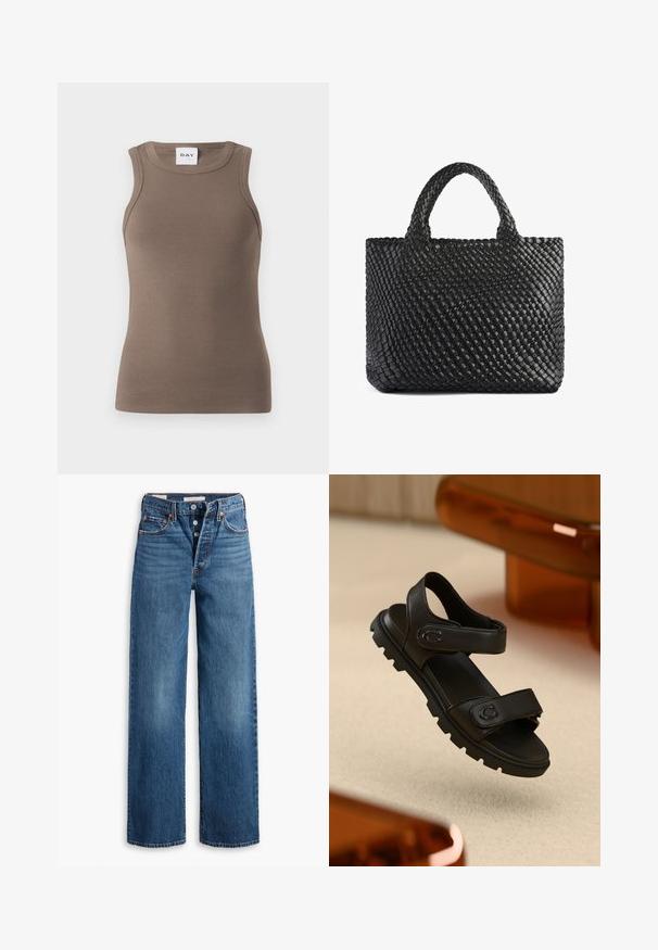 Brown ribbed tank top with a fitted design, round neckline, and sleeveless style. Label reads "DAY" at the top.; Blue denim jeans with a wide-leg design, five pockets, button fly, and contrasting stitching. Textured fabric with a faded finish.; Black leather sandal with two adjustable straps, textured sole, and bold, chunky design. Features a logo accent on the strap.; Black woven tote bag with two handles, featuring a textured surface and a rectangular shape. Simple, unique design with no visible hardware.