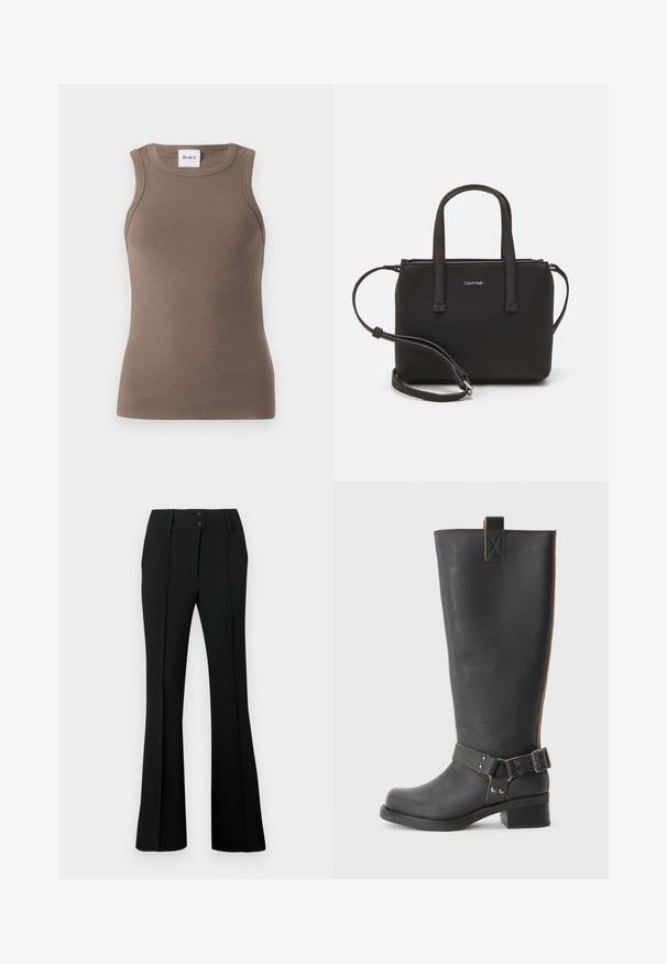 Bruine geribbelde tanktop met een aansluitend ontwerp, ronde halslijn en mouwloze stijl. Het label leest "DAY" aan de bovenkant.; Zwarte uitlopende broek met gladde stof, een hoge tailleband met twee knopen en voorplooien, die een op maat gemaakte uitstraling geven.; Zwarte leren knie- hoog laars met een gestructureerde afwerking, voorzien van een zijgesp accent en een lage hak. Gedetailleerde stiksels langs de naden.; Zwarte handtas met dubbele korte handvatten en een afneembare schouderriem. Glad, leerachtig materiaal met een ritssluiting en logo-detail.