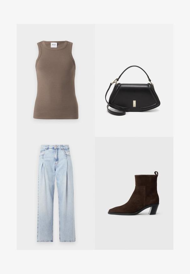 Top a canottiera marrone a coste con design aderente, scollatura rotonda e senza maniche. L'etichetta recita "DAY" in cima.; Jeans in denim azzurro chiaro con vita alta, taglio a gamba larga, due tasche laterali e design plissettato. Texture morbida con una finitura sbiadita.; Stivale alla caviglia in suede marrone scuro, con punta rotonda, tacco basso a blocco e linguetta sul retro, esposto su uno sfondo bianco semplice.; Borsa a mano in pelle nera con un design strutturato, caratterizzata da una forma corta, manico superiore e accessori in metallo dorato. Inclusa tracolla regolabile.