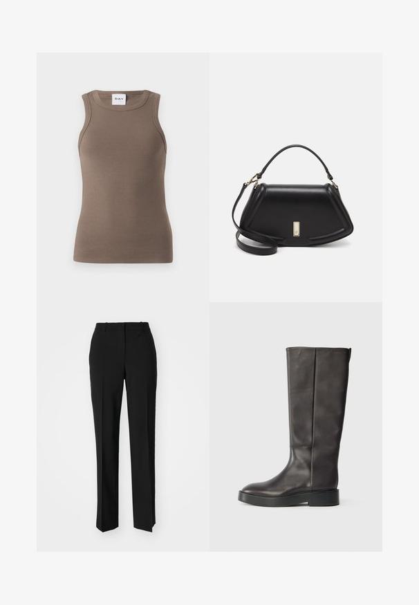 Brun ribbet tanktop med en tætsiddende design, rund halsudskæring og ærmeløs stil. Mærket læser "DAY" øverst.; Sorte skræddersyede bukser med lige ben-design, der har en glat tekstur og skarpe folder langs fronten. Ingen synlige hardware.; Sorte knæhøje læderstøvler med tyk sål og subtil Calvin Klein-logo nær den øverste kant, vist fra siden.; Sort læderhåndtaske med en struktureret design, der har en kortet form, tophåndtag og guld hardware-accenter. Justerbar skulderrem inkluderet.