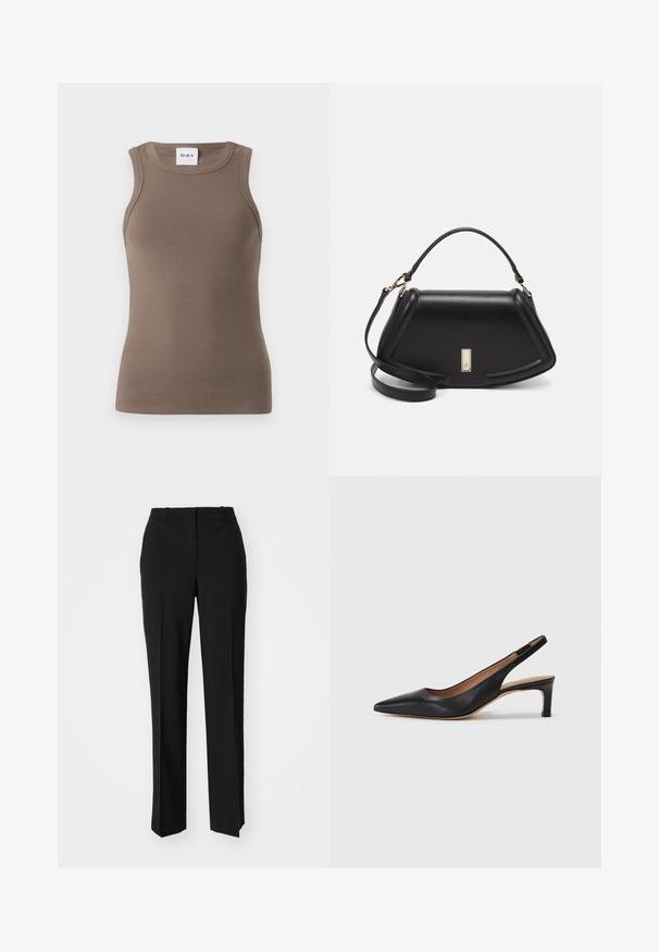 Rudas juostos marškinėliai su prigludusiu dizainu, apvaliu iškirpimu ir be rankovių. Etiketėje viršuje užrašyta "DAY".; Juodi pritaikyti kelnių modeliai su tiesiomis kojomis, pasižyminčios lygiomis tekstūromis ir ryškiomis klostėmis priekyje. Nėra matomų detalių.; Juodas odinis šliuurkastukas su smailiu pirštu, žemu kulnu ir glotnia tekstūra. Turi ploną reguliuojamą dirželį patogiam prigludimui.; Juoda odinė rankinė su struktūrizuotu dizainu, turi trumpą formą, viršutinę rankeną ir auksinius akcentus. Pridėtas reguliuojamas peties diržas.