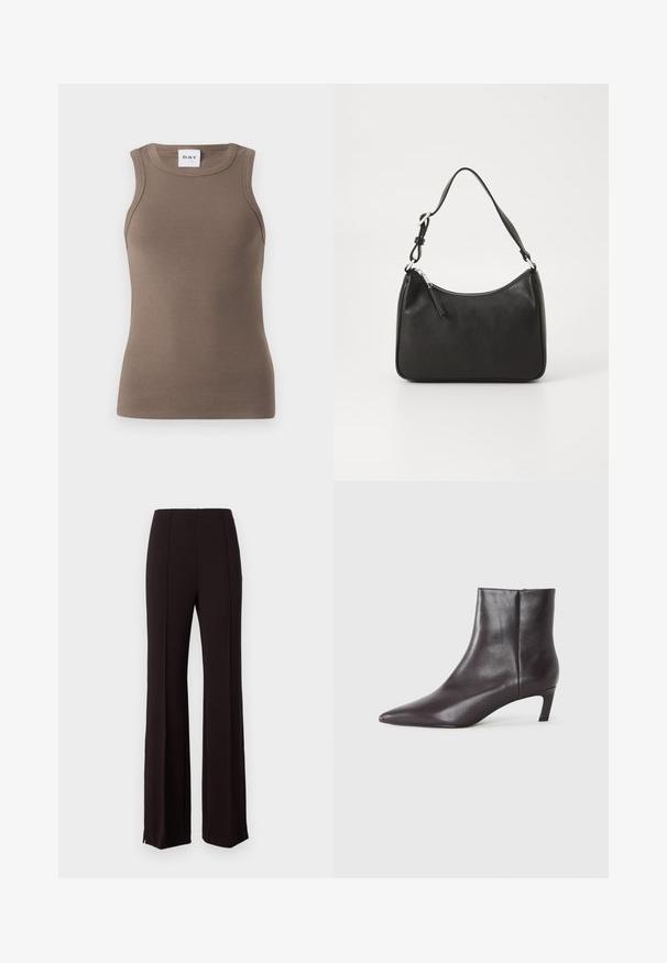 Braun gerippter Tank-Top mit taillierter Passform, runder Ausschnitt und ärmellosem Stil. Das Etikett oben lautet "DAY".; Schwarze hoch taillierte Hose mit einem ausgestellt geschnittenen Bein, die vertikale Nähte und Schlitze am Saum für zusätzliche Details aufweist. Der Stoff wirkt glatt.; Schwarze Leder-Ankle-Boots mit spitzem Zehenbereich und niedrigem Kitten-Absatz, glatte Oberfläche, seitlicher Reißverschluss, vor einem neutralen Hintergrund präsentiert.; Schwarze Lederhandtasche mit geschwungener Form, einem einzigen Tragegurt, Reißverschlussverschluss und dezentem Branding auf der Vorderseite. Glatte Textur, minimalistisches Design.