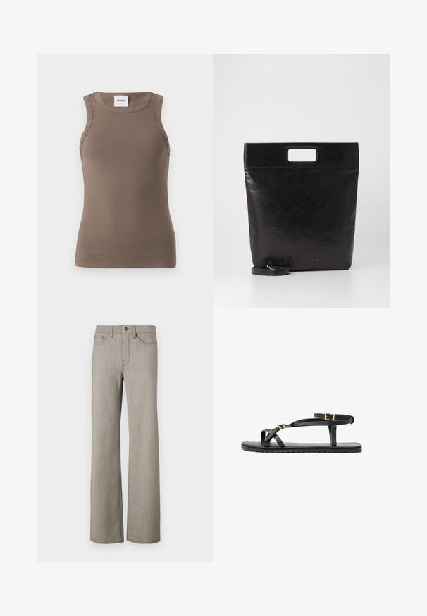 Brown ribbed tank top with a fitted design, round neckline, and sleeveless style. Label reads "DAY" at the top.; Wide-leg pants in a light gray, textured fabric with a smooth finish. Features a button closure and five-pocket design.; Black leather sandals with thin straps and a buckled ankle strap. Flat sole with a textured finish and zigzag edge. Minimalist design.; Black leather tote bag with a square handle, featuring a textured finish and embossed logo. Includes a detachable strap.