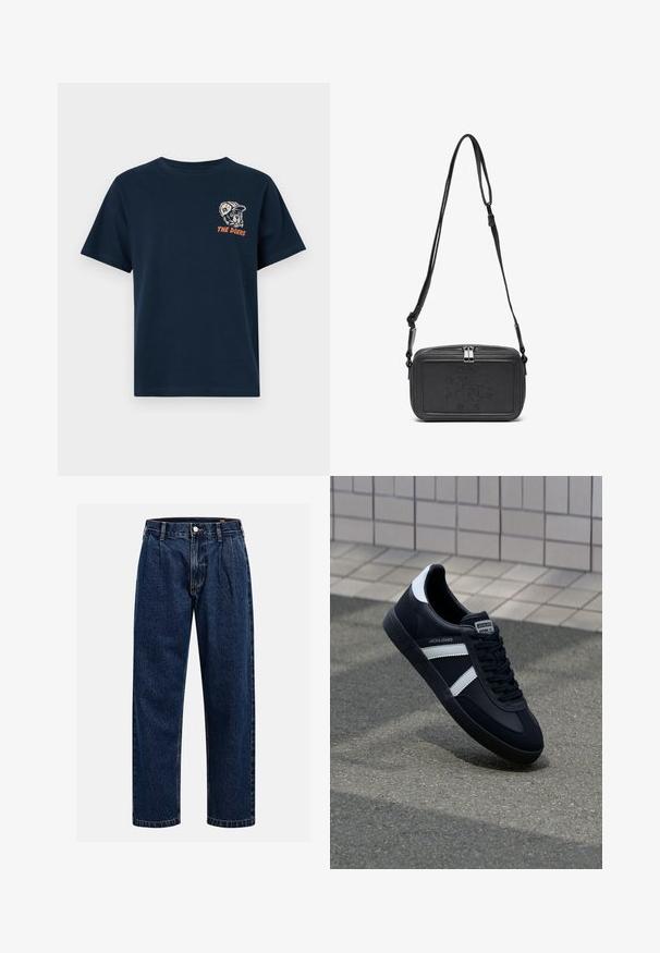Námornícky modré bavlnené tričko s okrúhlym výstrihom. Obsahuje vyšívanú grafiku psa v čiapke a text "THE DOERS" v oranžovej farbe.; Tmavo modré džínsy s rovnými nohavicami. Obsahujú viditeľné švy, zapínanie na gombík a predné skladanie pre zvýraznenie detailov.; Čierne kožené tenisky s bielymi pruhmi, textúrovanou gumovou podrážkou a šnurovaním vpredu. Obsahujú označenie značky na jazyku.; Čierna kožená crossbody taška so zipsom, s embosovaným logom na prednej strane a nastaviteľným popruhom. Hladká textura a obdlžníkový tvar.