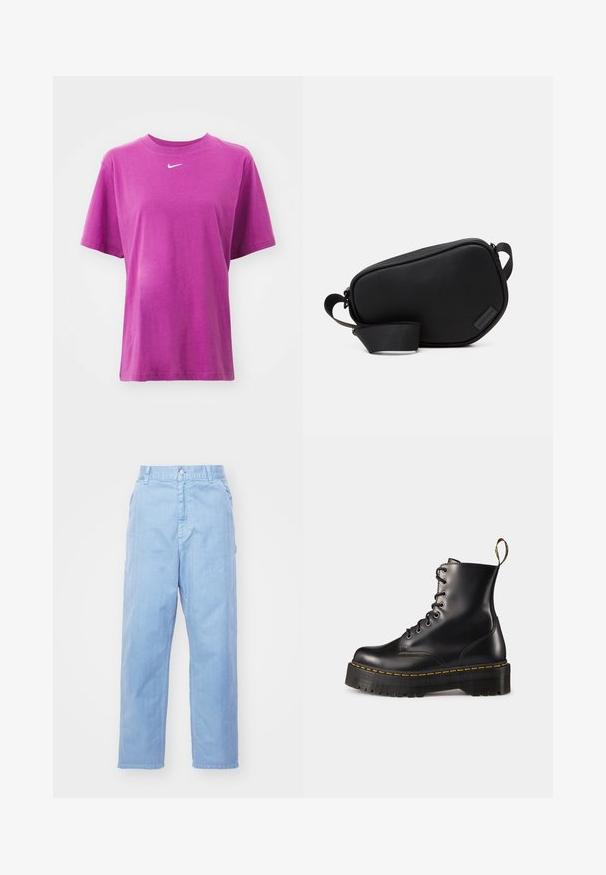 Nike Sportswear TEE - Basic póló - hot fuchsia/white; Világoskék farmernadrág egyenes szárú dizájnnal, gombos záródással és elülső zsebekkel. Az anyag finom textúrájú, sima felületű.; Fekete bőrből készült, fűzős bokacsizma masszív fekete talppal és sárga varrással. Hátsó húzófüllel és kör alakú fémszemekkel rendelkezik.; Fekete, cipzáros keresztpántos táska sima anyagból, lapos formával, egyszálú pánttal és egy kis logós díszítéssel. Minimalista dizájn.