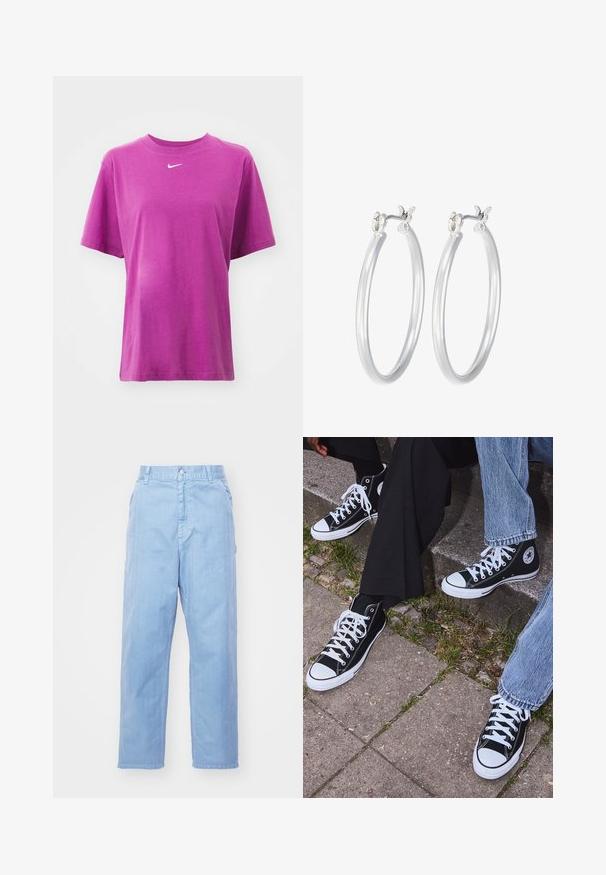 Nike Sportswear TEE - Jednoduché tričko - hot fuchsia/white; Světle modré džínové kalhoty se střihem se rovnými nohavicemi, zapínáním na knoflík a předními kapsami. Tkanina má jemnou texturu s hladkým povrchem.; Černé kanvasové tenisky s vysokým střihem, bílé gumové podrážky a tkaničky, s kulatým logem na boku a spárované s džíny a černými kalhotami.; Stříbrné kruhové náušnice s hladkým, lesklým povrchem. Kulatý tvar a bezpečné zapínání na klip. Lehký design vhodný pro každodenní nošení.