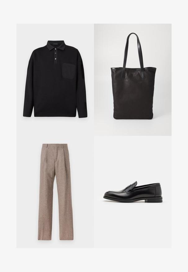 Mustapaita pitkällä hihalla, napitettavalla kauluksella, rintataskulla ja hienovaraisella "Les Benjamins" -logolla vasemmassa rinnassa.; Ruskejat, korkeavyötäröiset housut, jotka on valmistettu teksturoidusta kankaasta. Ominaisuuksina ovat leveät lahkeet ja kaksi etupuolelle ommeltua laskosta rakenteen tukemiseksi. Siisti viimeistely ilman näkyvää metalliosaa.; Mustat nahkakengät, joissa on sileä pinta, pyöreä kärki ja koristeellinen nauha jalkapöydän yli. Matala pinoitu koroke, minimalistinen muotoilu.; Mustat kangaskassit mustilla nahkahandleilla. Yksinkertainen muotoilu, tilava runko ja sileä pinta. Ei näkyviä logoja tai kuvioita.