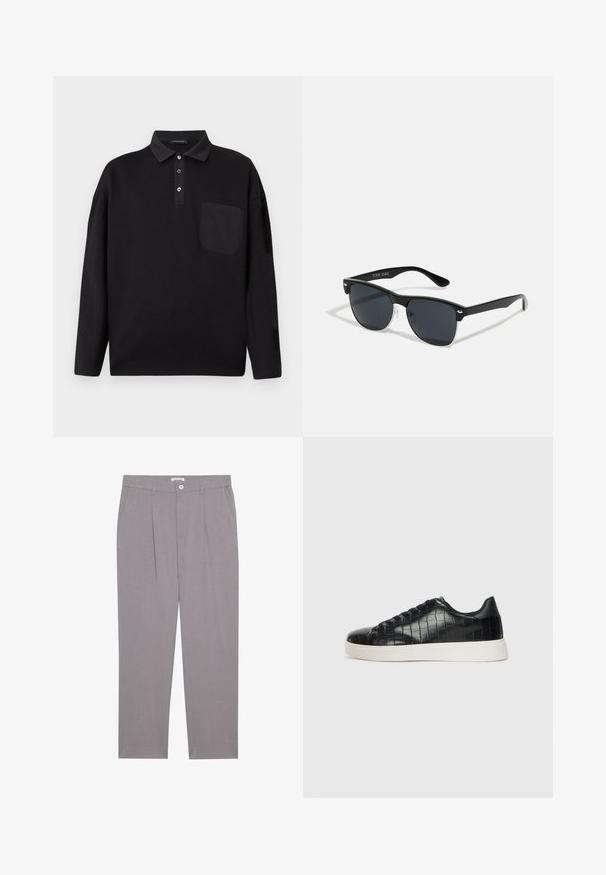 Svart langermet polo skjorte med knapper ved kragen, brystlomme og en subtil "Les Benjamins" logo på venstre brystområde.; Grå skreddersydde bukser med rett kutt, med to forlommer, press og knappelukking. Laget av lett stoff.; Svarte joggesko med en teksturert krokodille-embossed læroverdel, rund tå og en kontrasterende hvit gummisåle med en glatt overflate.; Sorte solbriller med rektangulær form, mørke linser, sølvfargede detaljer ved templene, og en matt finish på rammen.