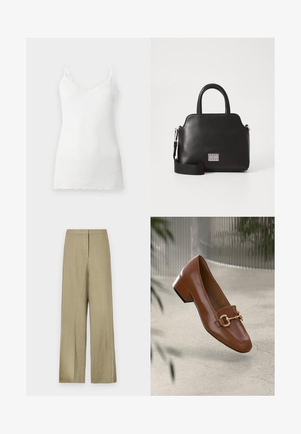 White ribbed camisole with lace trim along the v-neckline and spaghetti straps. The fabric appears soft and lightweight.; Light green, wide-leg trousers made from linen. Features a high waist and clean front design with a single pleat.; Brown patent leather loafer with square toe, metallic chain accent, and low block heel; smooth texture, minimalist design.; Black synthetic handbag with top handles, detachable shoulder strap, rounded shape, smooth texture, and silver logo accent on the front.