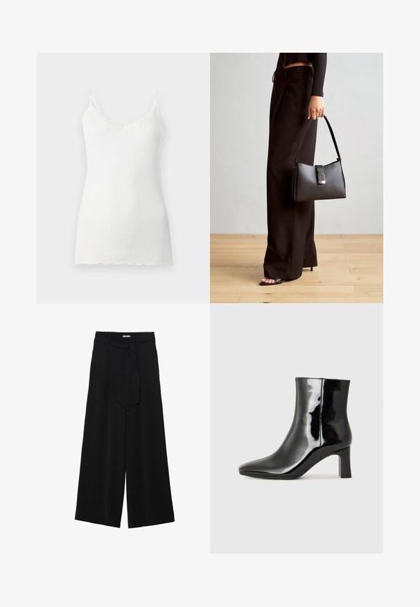 Weiße gerippte Spaghettitop mit Spitzenbesatz entlang des V-Ausschnitts und Spaghettiträgern. Der Stoff wirkt weich und leicht.; Schwarze weite Hosen aus strukturiertem Stoff, mit elastischem Bund und einem abnehmbaren Bindegürtel in der Taille für eine verstellbare Passform.; Schwarzer Lackleder-Stiefelette mit spitzer Zehe und einem mittelhohen Blockabsatz. Glatte Textur und minimalistisches Design.; Schwarze Handtasche mit strukturierter Form, glatter Textur und einem metallischen Verschluss. Kombiniert mit weiten schwarzen Hosen und offenen Sandalen auf einem Holzboden.