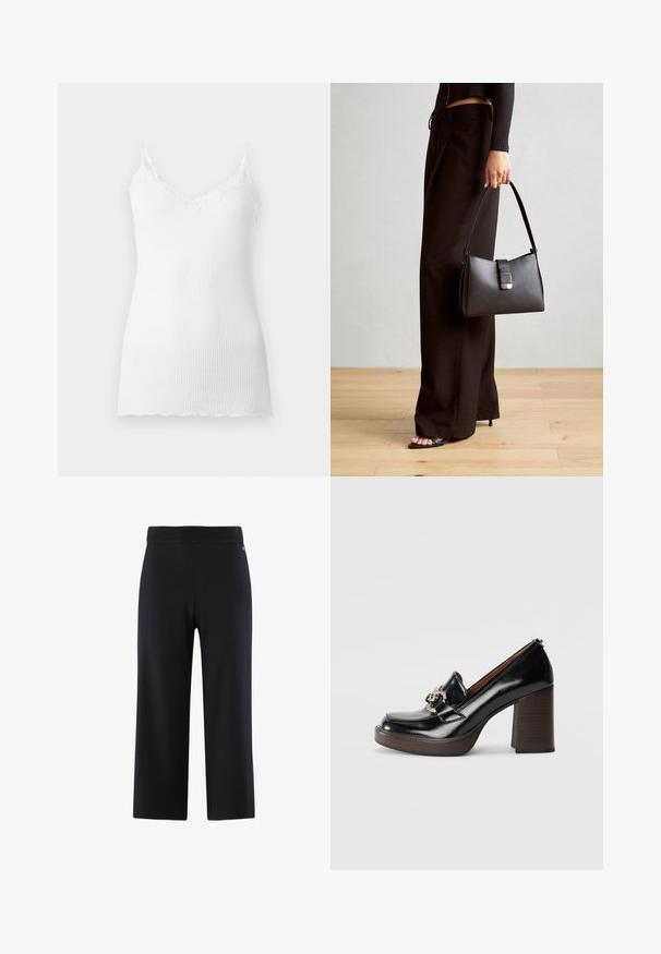 Witte geribbelde camisole met kantafwerking langs de v-hals en spaghettibandjes. De stof lijkt zacht en lichtgewicht.; Zwarte cropped broeken met een ontwerp met brede pijpen en een gladde textuur. Elastische tailleband met subtiele merktekens.; Zwarte leren hoge hak loafers met ronde neus, decoratieve zilveren hardware, houten blokhak en een gladde gepolijste afwerking.; Zwarte handtas met gestructureerde vorm, gladde textuur en een metalen sluiting. Gecombineerd met brede zwarte broeken en sandalen met open teen op een houten vloer.