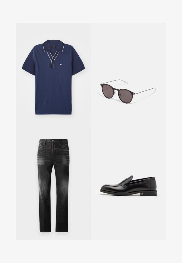 Námornícky polo tričko vyrobené z bavlny, s kontrastným bielym lemovaním na golieri a zapínaní, s malým logom na ľavej hrudi.; Čierne denimové džínsy so štandardným strihom. Obsahujú vyblednuté oblasti, drobné opotrebenie, klasický dizajn s piatimi vreckami a zapínanie na gombík.; Čierne kožené mokasíny s hladkou textúrou, zaoblenou špičkou a dekoračným pásikom cez priehlavok. Nízky vrstvený opätok, minimalistický dizajn.; Čierne okrúhle slnečné okuliare s tmavými sklami a tenkými kovovými ramenami. Obsahujú priehľadné konce rámov a strieborné akcenty na pántoch. Minimalistický dizajn.