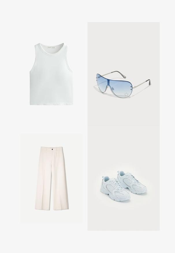 Bela rebrasta majica s širokimi naramnicami in okroglim izrezom. Narejena iz mehke, raztegljive tkanine za udobje in dobro prileganje.; Kremne široke hlače s krojem, ki vključujejo dve sprednji žepi in en sprednji gumb za zapiranje, izdelane iz gladkega blaga.; Svijetloplave atletske cipele s mrežastim i sintetičkim gornjim dijelom, s bijelim točkicama i reflektirajućim detaljima, vezice, te jastučićima u unutrašnjosti.; Pilotne sončne očala z gradijentnimi modrimi lečami, srebrnim kovinskim okvirjem in okrasnimi zvezdastimi detajli na lečah. Gladek in eleganten dizajn.