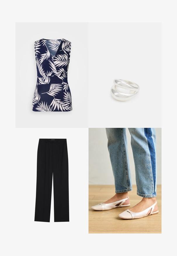 Top sin mangas de color azul marino con un diseño cruzado, que presenta patrones de hojas tropicales blancas, una textura suave y un escote en forma de V.; Pantalones negros con un diseño de pierna recta, que cuentan con dos bolsillos frontales y una cinturilla. Fabricados con una tela suave y ligera.; Bailarinas de color rosa pálido con tiras traseras y punta puntiaguda, fabricadas con un material similar al cuero suave. Presentan detalles recortados en los laterales y un tacón plano.; Anillo de plata de doble banda con una superficie lisa y pulida. Presenta un diseño fluido y curvado con secciones superpuestas para un aspecto moderno.