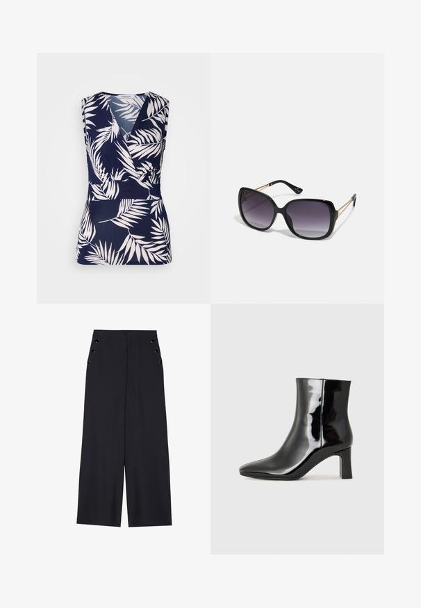 Tumesinine ilma varrukateta topp, millel on mähisdisain, valged troopilised lehemustritega, sile tekstuur ja V-kujuline kaelus.; Laiad püksid tumesinises kangas, millel on sile tekstuur, ees pleedid ja dekoratiivsed kuldset värvi järgipuuaugud küljetaskutel.; Must-sinine nahkjalats musta läikiva viimistlusega, millel on terav nina ja keskmise kõrgusega plokk konts. Sile tekstuur ja minimalistik disain.; Mustad ümarad päikeseglaasid, millel on gradient objektiivid, paksud raamid ja kuldse tooni kettaga kaunistused tempelitel.; Must musta kott, millel on struktureeritud kuju, sile tekstuur ja metallist klamber. Kombineeritud laiate mustade pükstega ja avatud varvaste sandaalidega puidust põrandal.