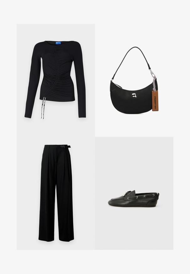 Karl Lagerfeld Jeans Top dugih rukava - black; Crne široke hlače s visokim strukom, nabranima sprijeda i remenom s kopčom. Izrađene od glatkog, laganog materijala.; Crne kožne brodske cipele s zaobljenim vrhom, vezanjem sprijeda, metalnim očicama i ravnim potplatima. Imaju mali ekscentar straga.; Crna kožna torba s teksturom od šljunka, zakrivljenog oblika, s gornjim zatvaranjem na zip, srebrnim detaljima i smešnim oznakom. Sadrži akcenat logotipa.