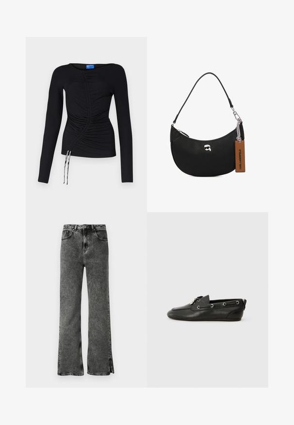Karl Lagerfeld Jeans Top s dlhým rukávom - black; Čierne rozšírené džínsy s vyblednutým obalom, vysokým pásom a bočnými rozparkom na leme. Vyrobené z denimu s hladkou textúrou a klasickým dizajnom s piatimi vreckami.; Čierne kožené lodné topánky s okrúhlou špičkou, šnurovaním vpredu, kovovými očkami a plochou podrážkou. Obsahuje malý pútko na zadnej strane.; Čierna kožená kabelka s textúrou jemných bradavíc, zakriveným tvarom, horným zipsom, striebornými kovaniami a hnedou visačkou. Má akcent v podobe loga.
