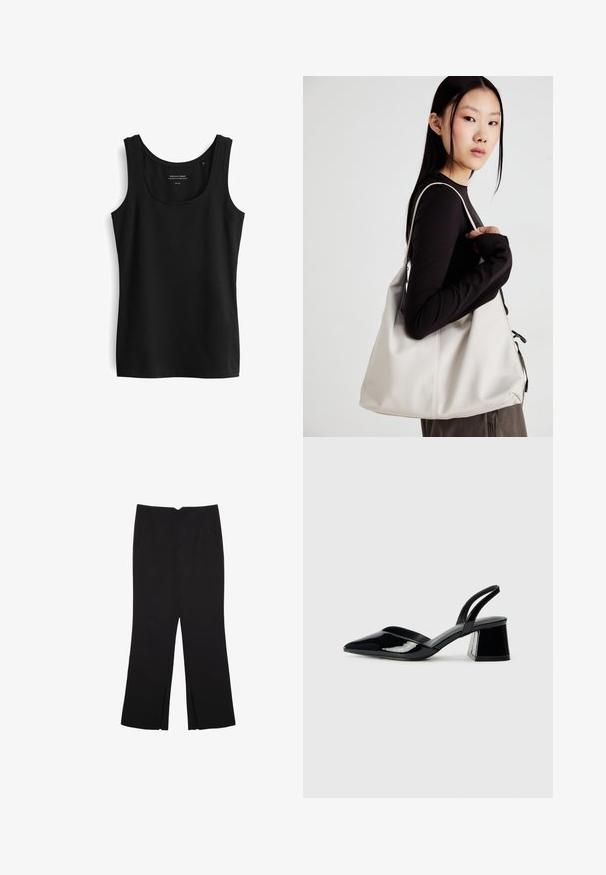 Black sleeveless tank top with a rounded neckline. Made from smooth fabric with a simple design and no visible patterns or embellishments.; Black trousers with a straight fit, featuring front pockets and side slits at the hem. Made of soft, smooth fabric. Suitable for various occasions.; Black patent leather slingback heels with a pointed toe and a geometric block heel. Features a sleek, minimal design and smooth texture.; Beige handbag made of soft material, featuring a slouchy design, stitched detailing, and two shoulder straps. Suitable for everyday use.