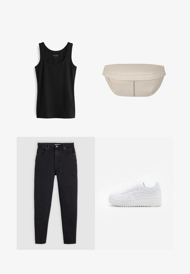 Zwarte mouwloze tanktop met een ronde hals. Gemaakt van een gladde stof met een eenvoudig ontwerp en zonder zichtbare patronen of versieringen.; Zwarte slim-fit jeans met knoop- en ritssluiting, vijf-vakken ontwerp en ceintuurlussen op een lichtgrijze achtergrond.; Witte platform sneakers met een gladde leertextuur, geperforeerde details en platte veters; voorzien van een dikke witte rubberen zool.; Beige stoffen zakje met een afgeronde vorm, voorzien van een platte bovenkant en subtiele naaddetails. Inclusief een minimalistisch logo en een zijstrap.