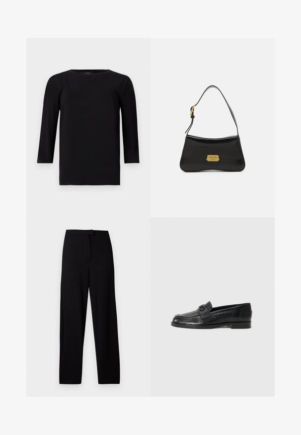 Must black pikkade varrukatega topp, ümmarguse kaelusega, valmistatud siledast ja kergest kangast. Omab sõbralikku lõike ja sirget allääret, minimaalse õmblusega.; Mustad laiad püksid, mis on valmistatud pehmest ja venivast kangast. Omab siledat vöökohta ning nähtavaid õmblusi või taskuid ei ole. Lihtne ja mitmekülgne disain.; Mustad mustad nahast loafersid siledast pealsest, kerge embosseeritud joontega mustriga ja dekoratiivse sukkpüksiga vampi osas. Madal, plokk-kand.; Musthave nahkakott, millel on kaarjas disain, kuldne logoplaat ja peen õlavarre rihm. Sile tekstuur ja elegantne viimistlus.