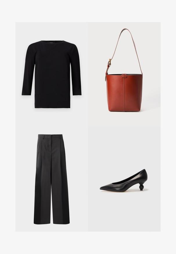 Schwarzes langärmliges Oberteil mit Rundhalsausschnitt, aus einem glatten, leichten Stoff gefertigt. Verfügt über eine lockere Passform und einen geraden Saum mit minimalen Nähten.; Schwarze, weit geschnittene Hose mit hoher Taille, versehen mit Frontfalten, einer glatten Textur und einem maßgeschneiderten Finish. Entworfen für eine lockere Passform.; Schwarze Leder-Pumps mit spitzem Zehenbereich und runder, ballförmiger Ferse. Glatte Textur mit einem eleganten, minimalistischen Design.; Braune Leder-Eimer-Tasche mit verstellbarem Schultergurt und goldfarbener Schnalle, einfache vertikale Nahtdetails auf der Vorderseite.
