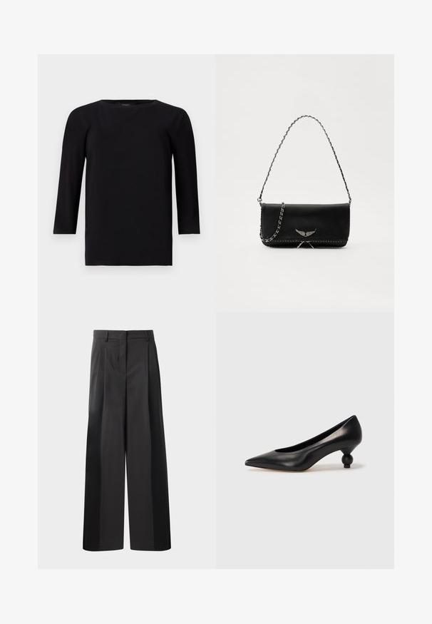 Juodas ilgomis rankovėmis viršus su apvaliu iškirpimu, pagamintas iš lygaus, lengvo audinio. Turi laisvą siluetą ir tiesų apatinį kraštą su minimaliu siūlių skaičiumi.; Juodos plačios kelnės su aukštu liemeniu, su priekinėmis raukšlėmis, glotnia tekstūra ir pritaikytu apdailos stiliumi. Sukurtos laisvam sėdėjimui.; Juoda odinė aukštakulnė bateliai su smailiu pirštu ir apvaliu, iškiliu kulnu. Lygus paviršius su elegantišku, minimalistiniu dizainu.; Juodas odinis delninukas su sidabro spalvos grandinele, papuoštas dekoratyviniais sparnų akcentais ir balta siūle apačioje.