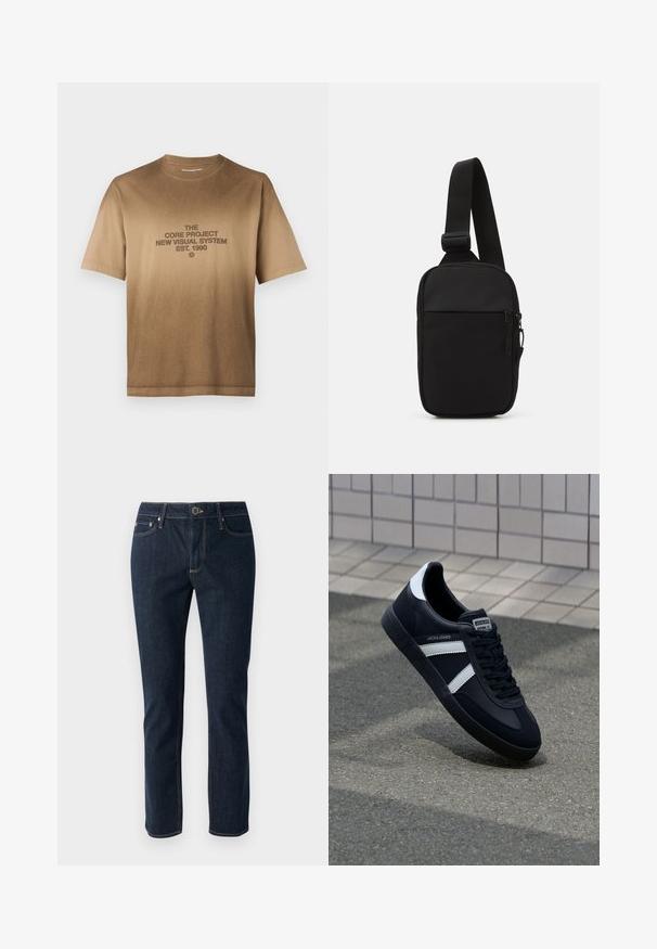 Braunes Baumwoll-T-Shirt mit kurzen Ärmeln, das ein zentriertes Grafikdesign in dunkelbraunem Text zeigt. Klassischer Rundhalsausschnitt, gerader Saum.; Dunkelblaue Denim-Jeans mit geradem Bein, ausgestattet mit einem Knopfverschluss, fünf Taschen und kontrastierenden Nähten. Glatte Textur.; Schwarze Leder-Sneaker mit weißen Streifen, strukturiertem Gummisohle und Schnürung. Verfügt über ein Markenetikett auf der Zunge.; Schwarze Umhängetasche aus robustem Gewebe, mit einem verstellbaren Tragegurt, einem Reißverschluss-Hauptfach und einer Fronttasche.