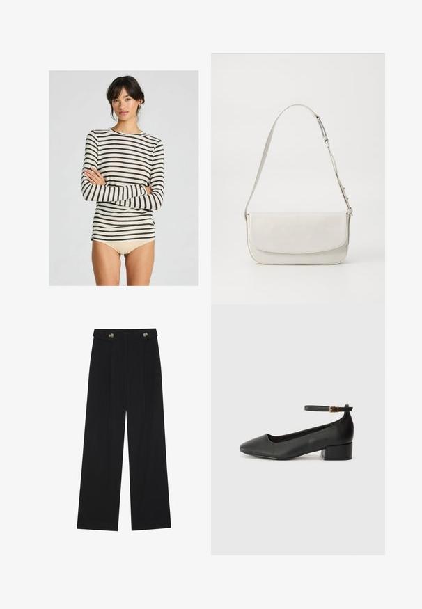 Dlhý rukáv pruhovaný top s krémovými a tmavohnedými pruhmi, mäkká látka, okrúhly výstrih a priliehavý strih.; Čierne široké nohavice s vysokým pásom, so zapínaním na gombíky na páse a prednými sklady.; Čierne kožené lodičky s špicatou špičkou a nízkym blokovým podpätkom. Obsahuje remienok okolo členka so zlatým prackou. Hladký povrch.; Biela kožená kabelka cez rameno s hladkým povrchom, obdĺžnikovým tvarom, preklápacím uzáverom a nastaviteľným remienkom. Jednoduché šitie.