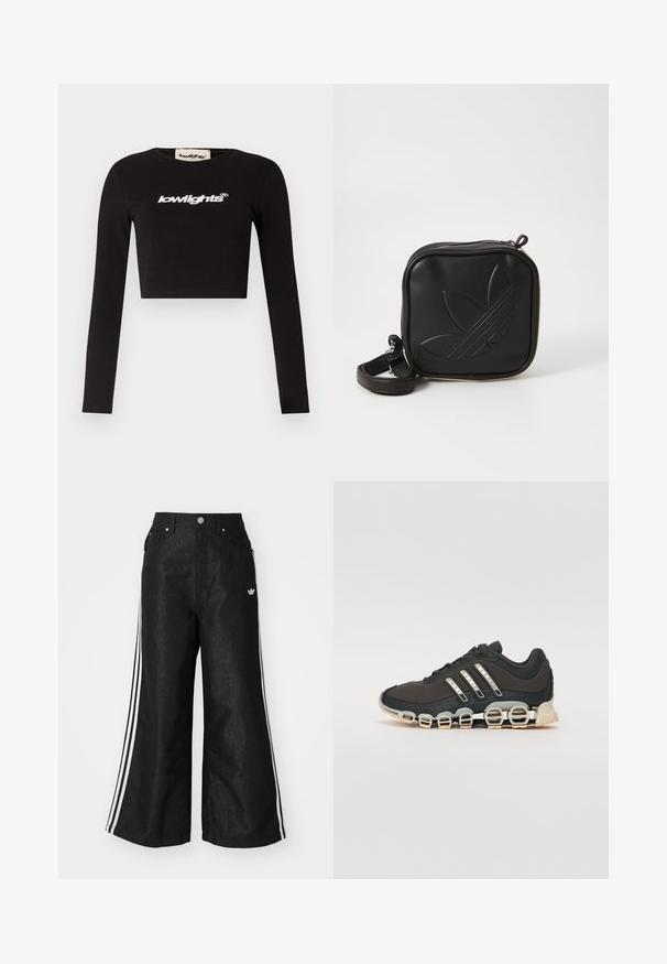 Svart kortärmad långärmad t-shirt i bomull. Har en rund halsringning och en "lowlights" logotyp i vitt över bröstet.; Svarta vida denimbyxor med tre vita ränder på varje sida och en liten vit logotyp. Har framfickor och knäppning med knapp.; Svart sportskor med en texturerad överdel, tre silverränder och en distinkt stötdämpande sula med flera integrerade sektioner.; Svart fyrkantig crossbody-väska i texturerat syntetmaterial. Har en präglad logodesign och justerbar rem. Dragkedjestängning.