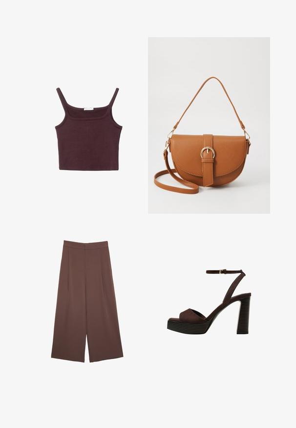 Top aderente bordeaux con spalline sottili, scollatura quadrata e tessuto in cotone morbido. Presenta un design senza cuciture e minimi dettagli.; Pantaloni ampi marroni con una texture liscia, caratterizzati da una vita alta e pieghe frontali. Il tessuto è leggero e scorre liberamente.; Sandal in camoscio marrone con tacco alto, punta aperta, cinturino alla caviglia regolabile e suola a piattaforma striata.; Borsa a tracolla in pelle marrone con forma curvata, hardware dorato e un dettaglio con fibbia. Presenta una tracolla rimovibile.