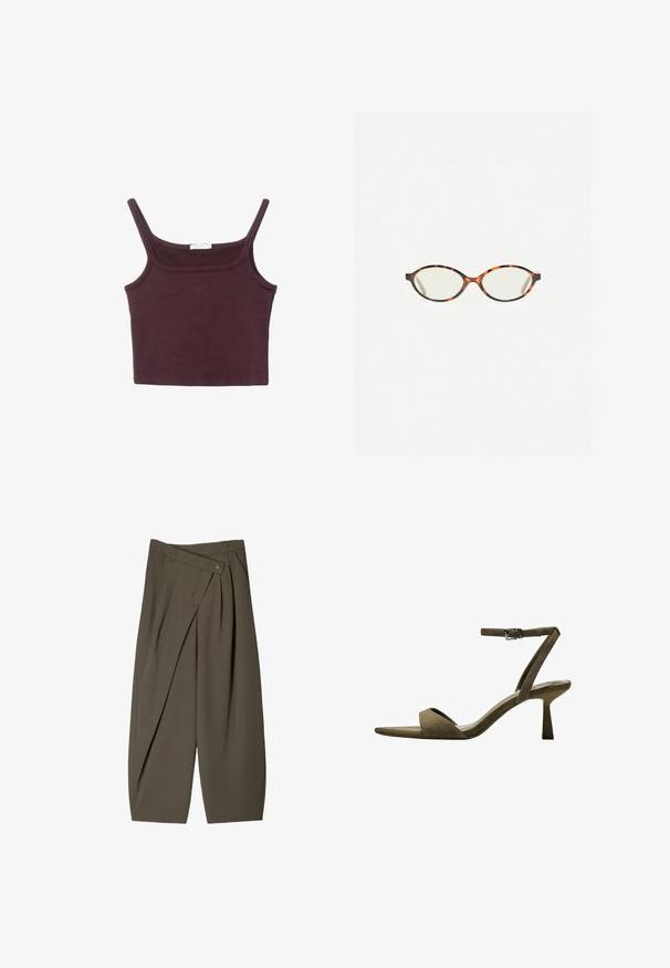 Burgundská priliehavá tielko s tenkými ramienkami, štvorcovým výstrihom a mäkkou bavlnenou látkou. Obsahuje bezšvový dizajn a minimálne zdobenie.; Široké nohavice z tmavozelenej látky s plisovaným predným dizajnom, gombíkovým zapínaním a lesklým, textúrovaným povrchom.; Bershka WITH ANKLE STRAP - Sandále - mottled green; Korytnačkové okuliare s oválnymi šošovkami a hladkým, lesklým povrchom. Majú tenké strany s jemným zakrivením na spánkoch. Priehľadné šošovky.