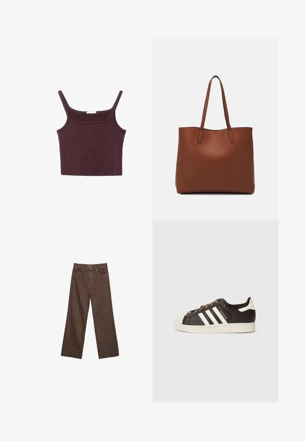 Bordeaux tætsiddende tanktop med tynde stropper, firkantet udskæring og blødt bomuldsstof. Har et sømløst design og minimal detaljer.; Bredde ben brun denim jeans med høj talje, forlommer og klassisk knaplukning. Glat tekstur med diskret syninger.; Low-top Adidas Superstar-sneaker i mørkebrunt læder med cremefarvet skal-tå, hvide striber og teksten "Superstar" på siden.; Brun læder tote taske med en glat overflade, åben topdesign og to skulderremme. Har minimal syning og ingen synlig hardware.
