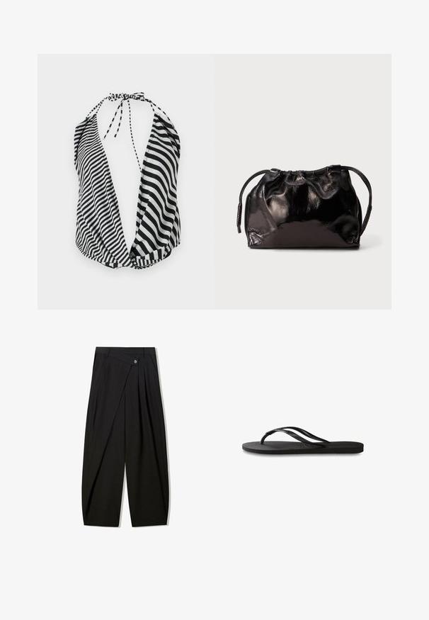 Sort og hvid stribet halterneck-top med en dyb udskæring, båndlås ved halsen og blødt, let stof.; Sorte brede bukser lavet af glat stof, med frontfolder, knaplukning og skræddersyet design for en struktureret silhuet.; Sorte flip-flop med en tekstureret gummisål, to slanke stropper og et subtilt, præget logodetalje på stroppen.; Lille sort blank læderpose med snøre og korte håndtag på en lys grå baggrund.